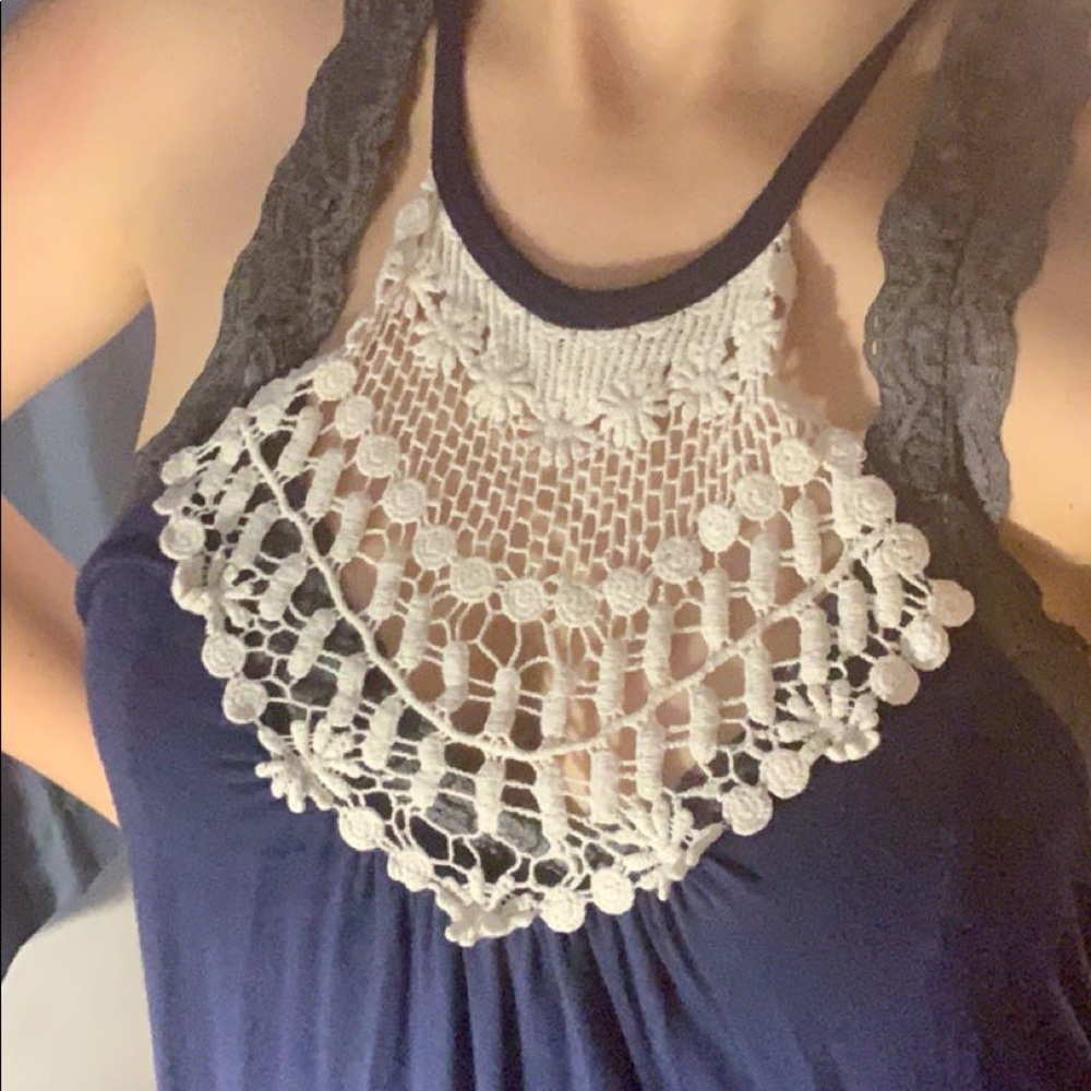 Navy Blue Long Razor Back Tank Top w White Lace